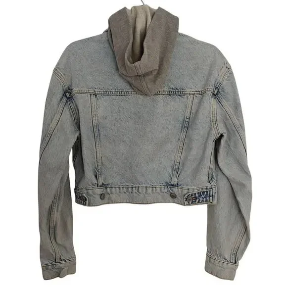 We the Free People Brando Denim Hoodie Jacket Malta Acid Wash Size XS Cropped - Picture 8 of 13
